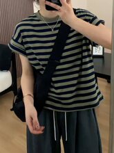大码条纹圆领正肩短袖t恤女2024夏季微胖mm宽松显瘦内搭打底上衣
