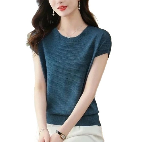 Women's Summer Casual Loose Knit Short Sleeve T-shirt with Round Neck, Trendy and Versatile Short Top for Casual Outfits