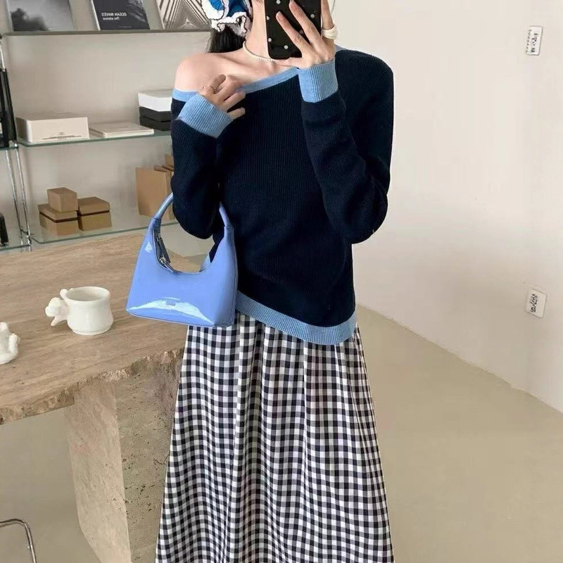 设计感斜肩撞色假两件长袖针织衫女2025秋季新款独特别致修身上衣|undefined