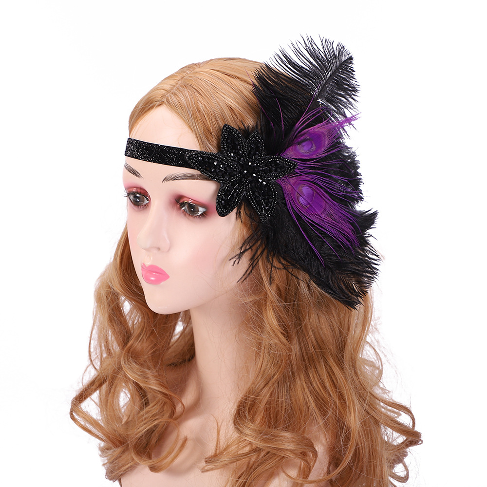 2023 New Vintage Hair Band European and American Feather Diamond Headwear Hair Band Masquerade Dress Accessories Women's Hair Band
