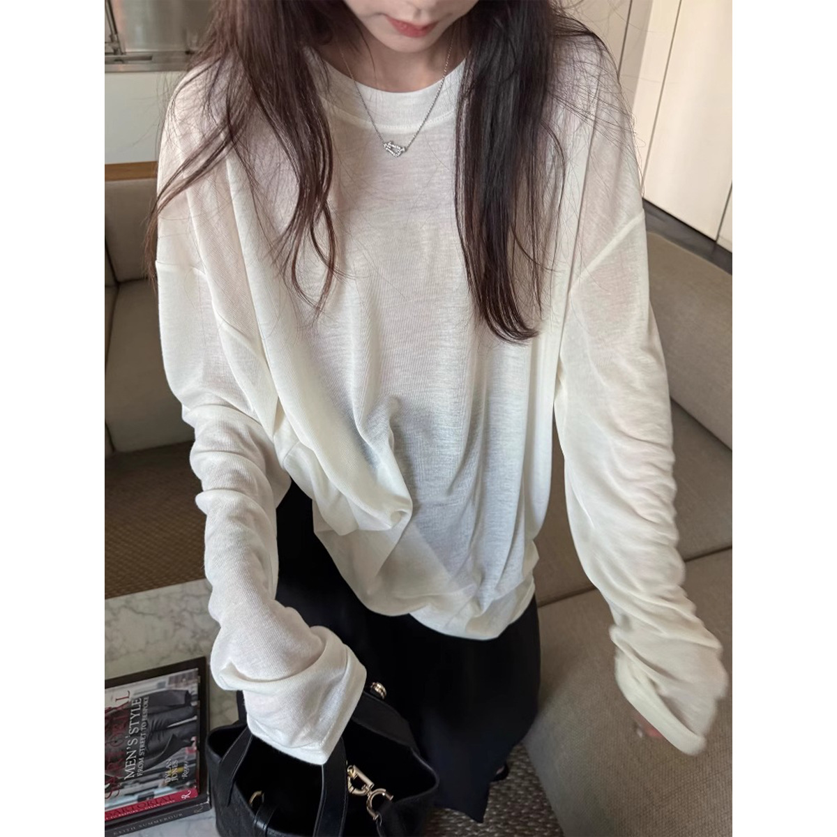 3395 #   Superniniyy Water Muscle Mask T-Shirt Soft Round Neck Loose Slimming Look Sun Protection Long-Sleeved Top for Women