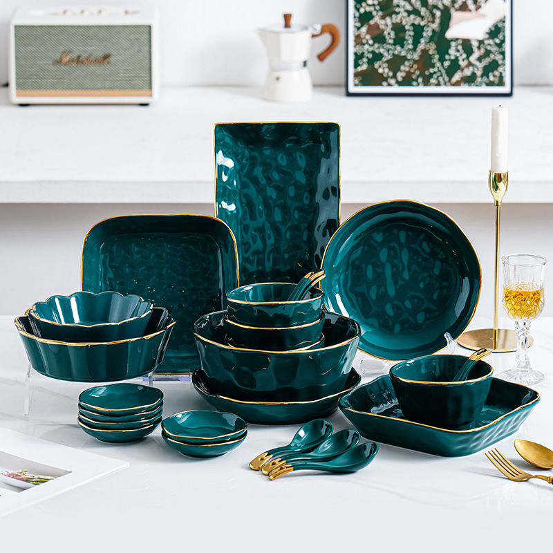Light luxury style golden edge Emerald Bowl dish suit household Internet celebrity ceramic bowl plate eating bowl combination tableware suit Light luxury style golden edge Emerald Bowl dish suit household Internet celebrity ceramic bowl plate eating bowl combination tableware suit