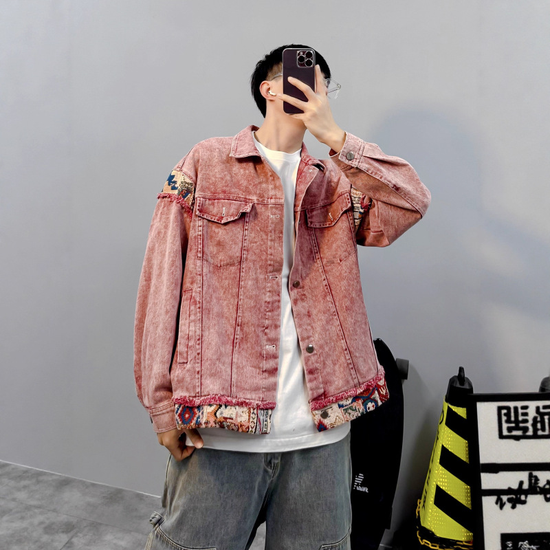 Fashion Washed Stitching Denim Jacket Men's and Women's Hong Kong Style Spring and Autumn Design Sense Red Distinctive Rouge Overwear Jacket