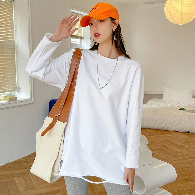 Q strict selection of loose women's white bottoming shirt women's inner rip hole foreign style long cotton long sleeve T-shirt women's top Q strict selection of loose women's white bottoming shirt women's inner rip hole foreign style long cotton long sleeve T-shirt women's top