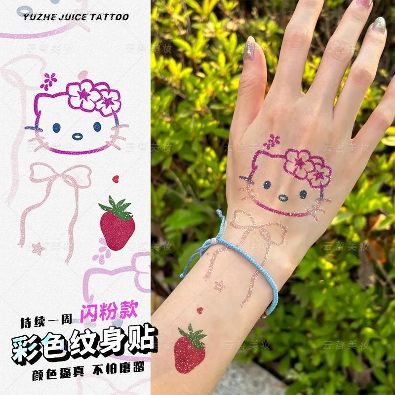 Glitter Big-Headed Kitty Tattoo Stickers for Arms and Wrists, Internet Celebrity Sparkling Ins Style Trendy Stickers for Music Festivals