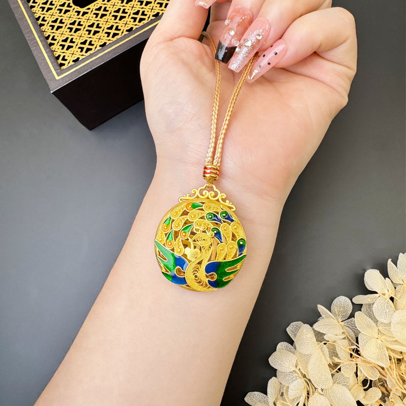 Vietnam oro retro ardiente azul goteo de aceite collar pavón peacock no se desvanecerá en forma de Fu hueco colgante de color redondo fuente