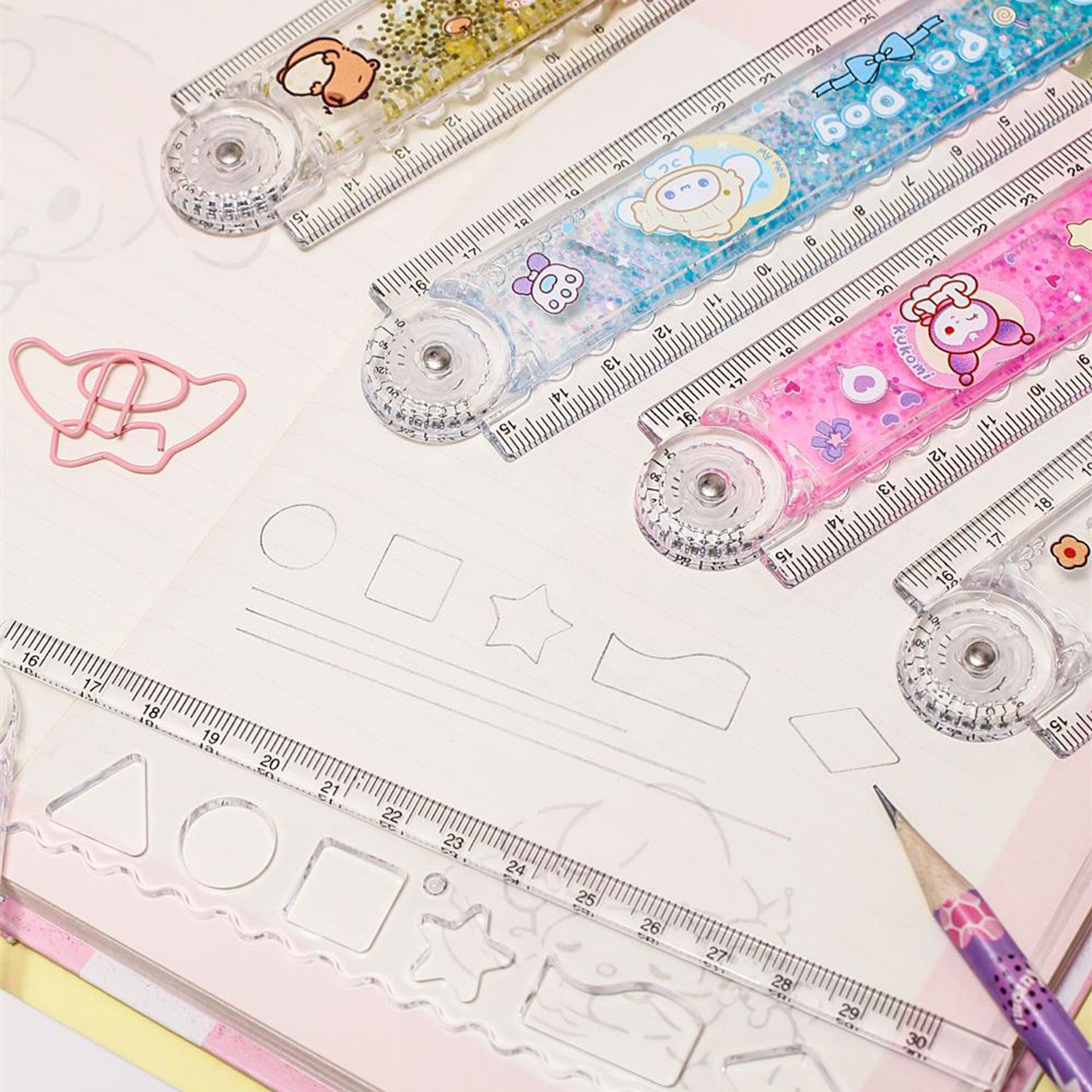 Valor facial alto 30cm alargado regla de arena flotante plegable con líneas onduladas lindas para estudiantes especiales de dibujos animados regla recta