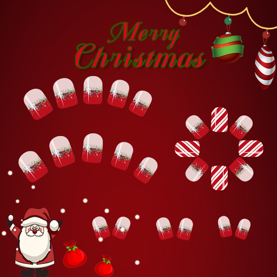 Short Gloose Square Armor 2024 New Christmas Red with Green Gradient Stripe Detachable Wear Nail Patch 24 Pieces_voghion.com