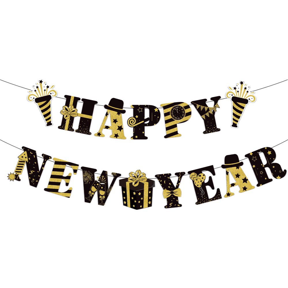 Bandera de feliz año nuevo, modelo oro negro, Y-00158-1