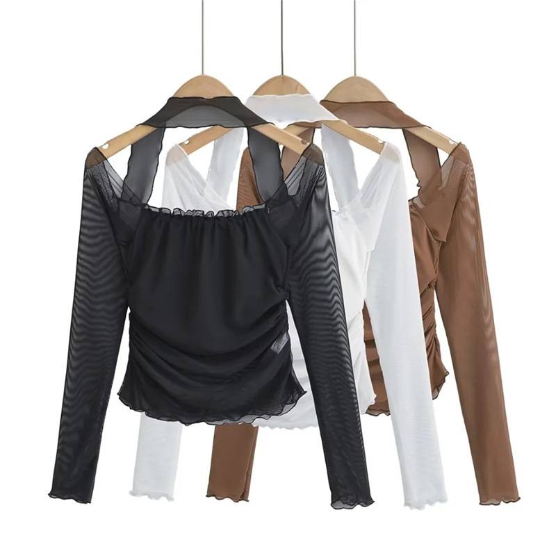 甜辣少女风夏季复古美式一字肩网纱挂脖抹胸打底衫长袖t恤上衣女