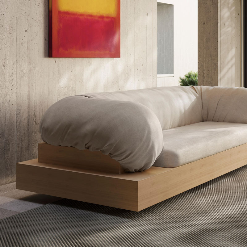 日式橡木磨砂絨三人沙發侘寂風Natuzzi民宿酒店設計師樣板房沙發