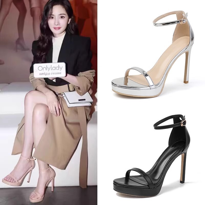 Ready in Stock and Shipped in Seconds~Black One-Strap Sandals, Nude Summer High Heels, Women's Silver Stiletto Heels, Beautiful Small Heels