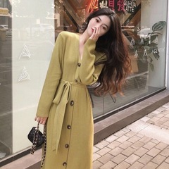 日本と韓国スタイルのロングセーターレディースジャケット2025秋冬新作ルーズソリッドカラーVネックセーターレディースカーディガン