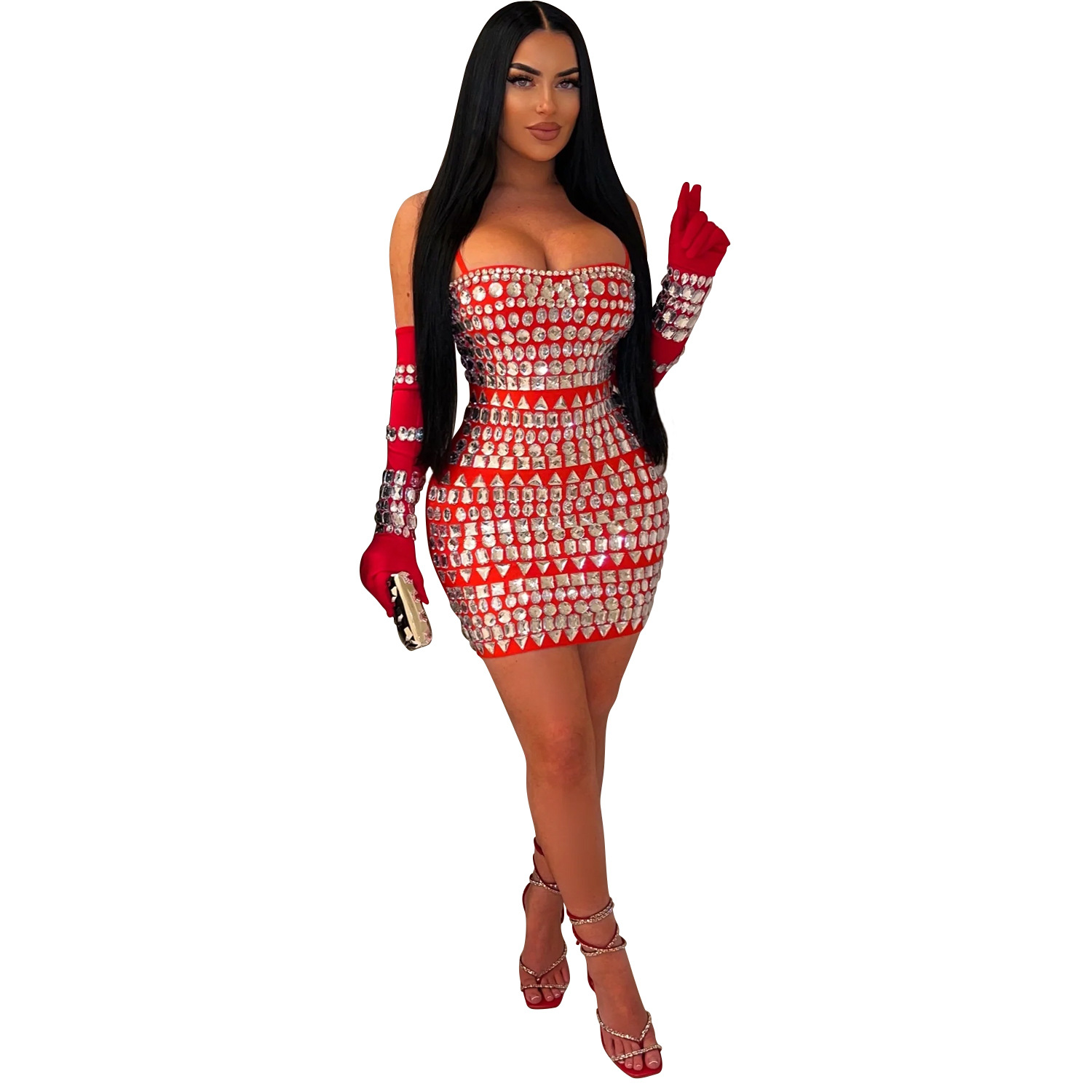 C6888 Transbordador AliExpress Amazon Moda europea y americana Vestido de falda larga con guantes de honda sexy de diamantes calientes para mujer image 8