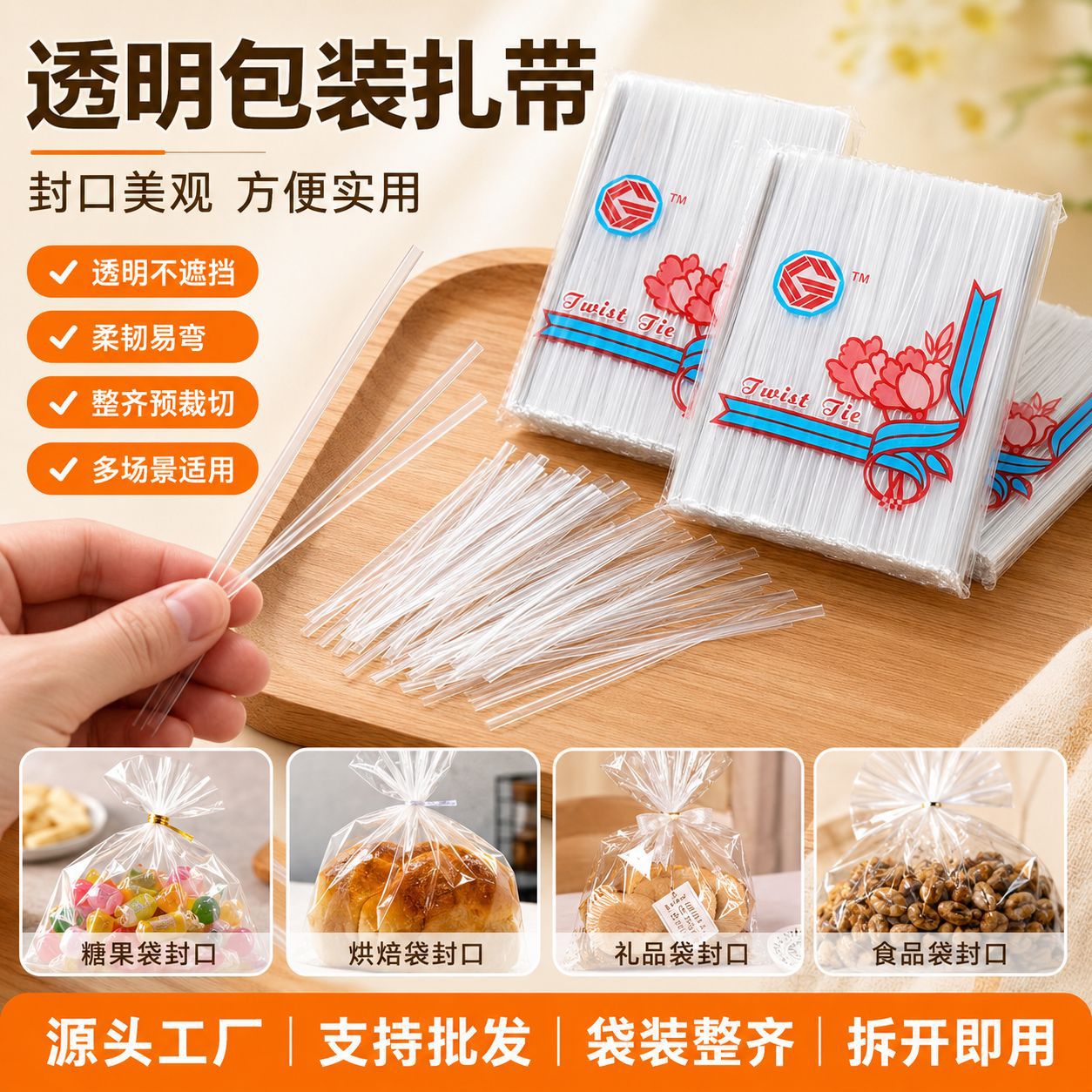 10/12CM透明封口扎丝 食品级金属铁丝 烘焙包装专用扎口绳绑扎带