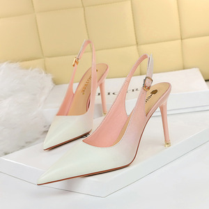 1932-9 han edition style delicate high heel with shallow mouth pointed hollow out after strappy color matching color gra