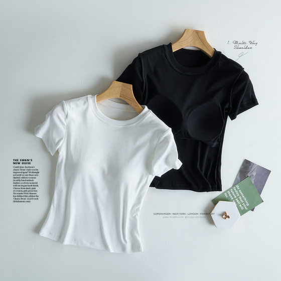 Short-Sleeved T-Shirt with Breast Pads for Women, Summer Thin Slim Fit Round Neck, Bra-Free Bottoming Shirt, Half-Sleeved Top