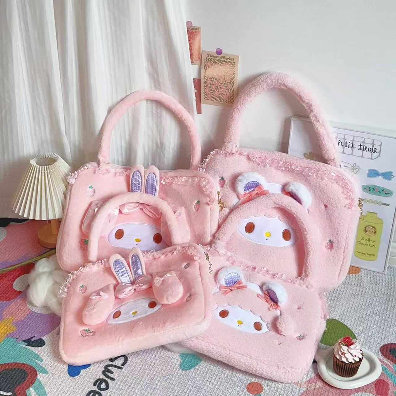 Cartoon handbag crossbody luggage bag for girls, large-capacity computer bag, cute plush storage bag, student travel bag