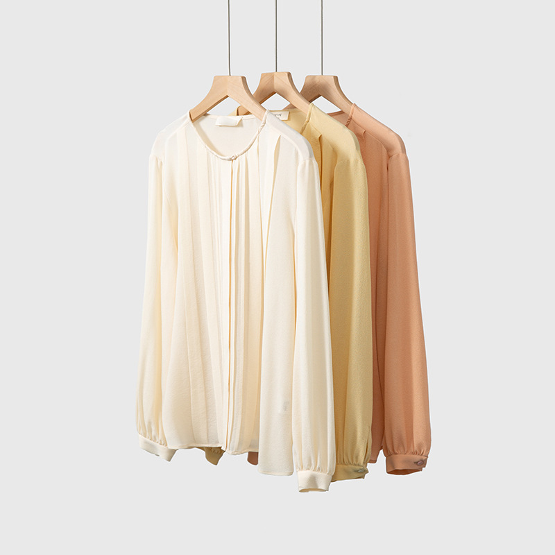 25 Mm Heavy Ghost Crepe Silk Shirt French 100 Mulberry Silk Crewneck Long Sleeve Commuter Top