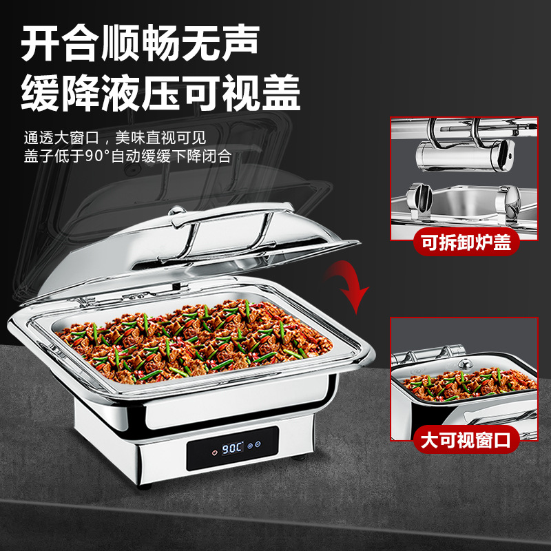 Estufas de buffet de acero inoxidable gruesas calentamiento eléctrico buffet estufa hidráulica cubierta de cubierta de hotel cuadrada desayuno olla aislante térmica