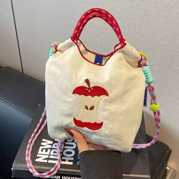 Apple crossbody bag, niche fabric bag, student handbag, casual tote bag, spring casual bucket bag, large capacity