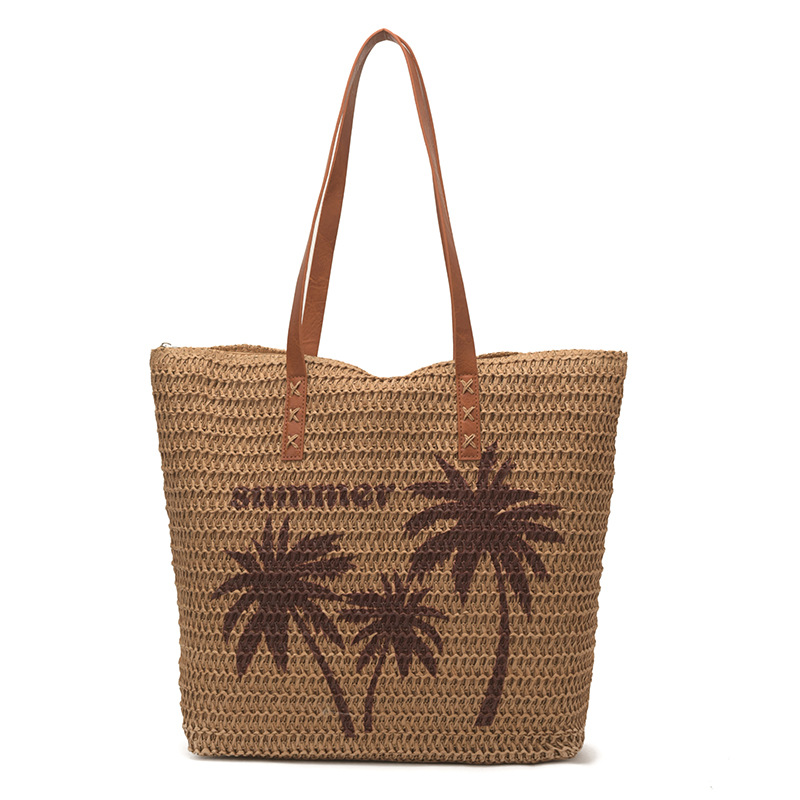 Beach Vacation Style Large Capacity Coconut Tree Print Straw Bag Women's Summer New Woven Shoulder Bag - Thumbnail 5