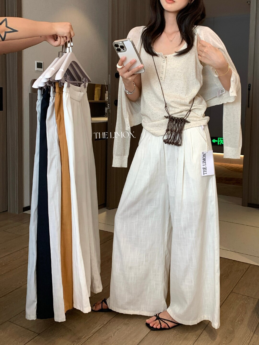 Quần ống rộng nữ vải linen phối cotton dáng suông mùa hè — Xám gạo, Xanh xám nhạt, Xanh đen, Cam bí ngô chi tiết 70
