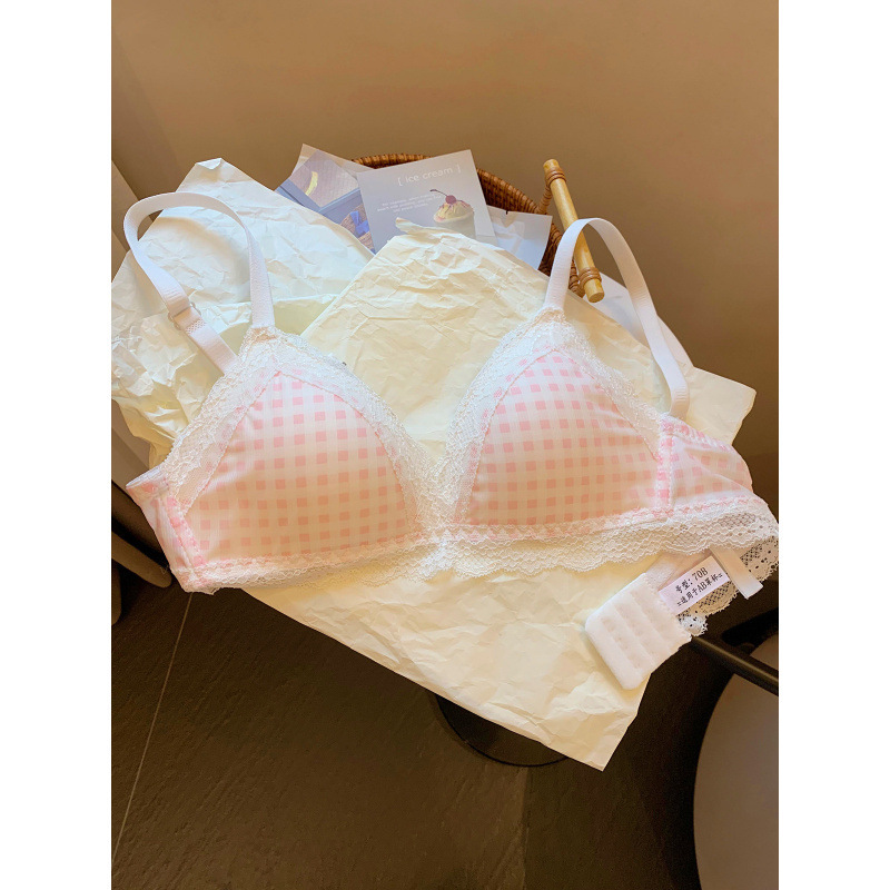 校园格子甜美蕾丝内衣女薄款透气小胸聚拢收副乳三角杯学生文胸罩|undefined