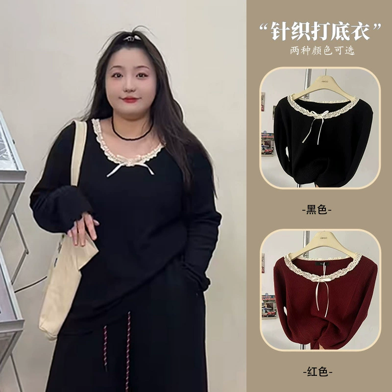 240 фунтов толстый мм в топе с бантом большого размера женщина тонкая и покрытая плотью дизайн трикотажный свитер и нижняя одежда 3469