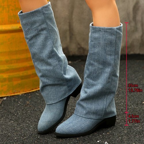 Foreign Trade Rough-Leg Denim Boots 2025 New Autumn/Winter Cross-Border Large Size Middle Calf Pants Boots Knight Long Boots