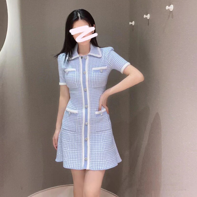 SP2023 Spring and Summer Mist Blue Fragrant Celebrity Style Lapel Flash Plaid Knitted Small A Skirt Dress 230052