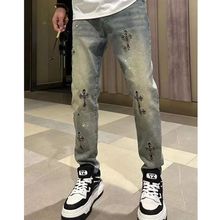 春夏季新款小直筒牛仔裤男士痞帅时尚美式个性十字刺绣弹力九分裤