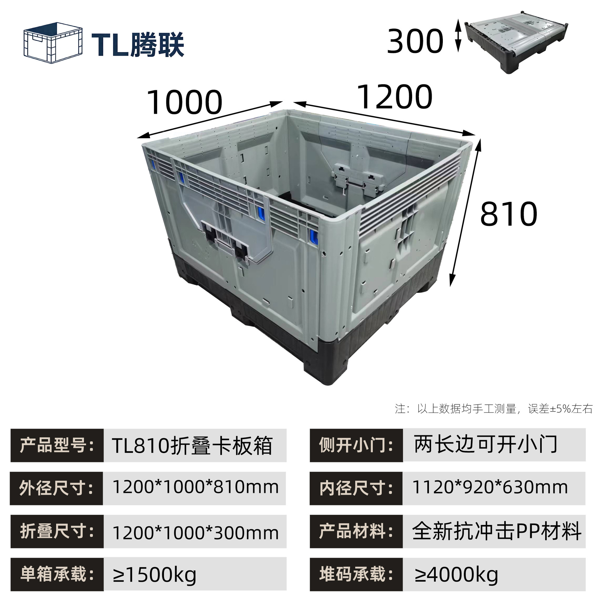 Gran caja de rotación de plástico de carretilla elevadora, caja de cartón de puerta lateral abierta, caja de cartón plegable de logística de transporte industrial de automóviles