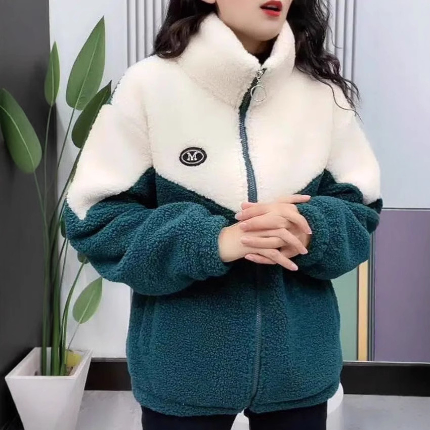韩版宽松加厚拼接棉服秋冬装2025新款宽松休闲学生羊羔绒外套女潮