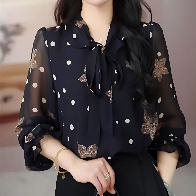 Shanli Dadi Shirt with Chiffon Ribbon, New Women's 2025 Polka Dot Spring Top, Versatile Printed Ruffle Small