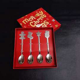 跨境不锈钢圣诞餐具勺子创意咖啡勺节日礼盒可爱套装卡通姜饼人勺