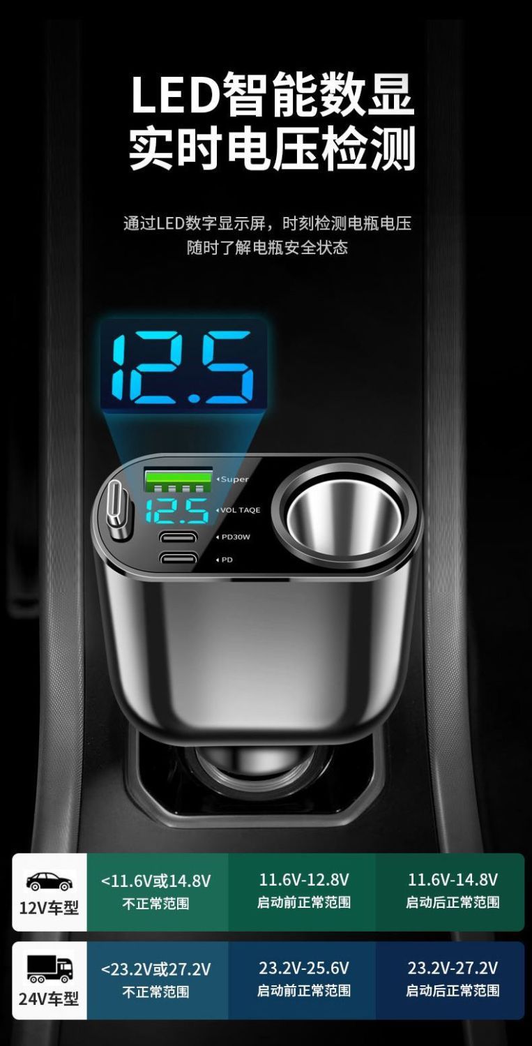 Cross-Border Popular Car Charger Comes with Retractable Cable Cigarette Lighter Extension Super Fast Charging Cigarette Lighter Adapter