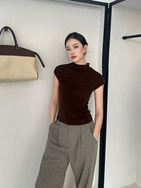 ELSISSI半高领短袖t恤打底针织衫女2025秋季新款女装修身显瘦上衣|undefined