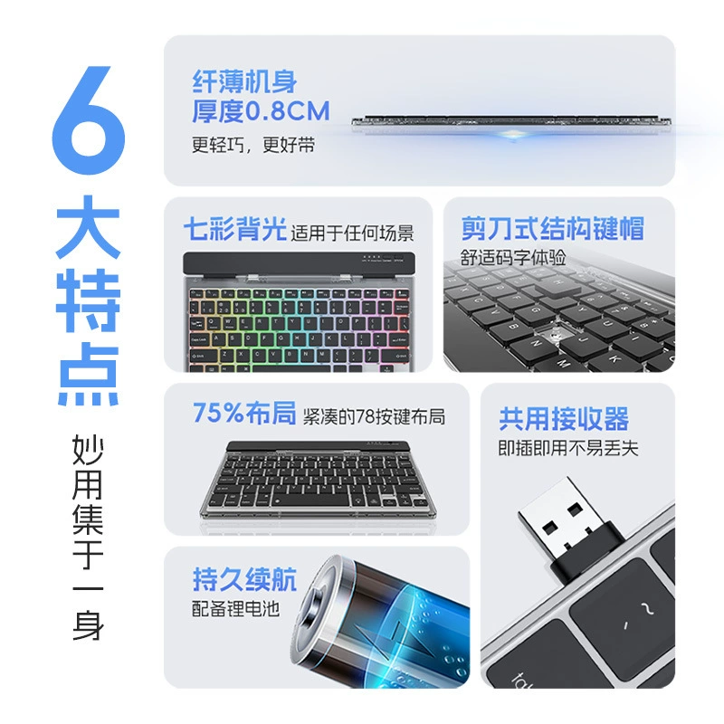 Wireless keyboard, mouse, transparent mute set, tablet laptop charging, bluetooth