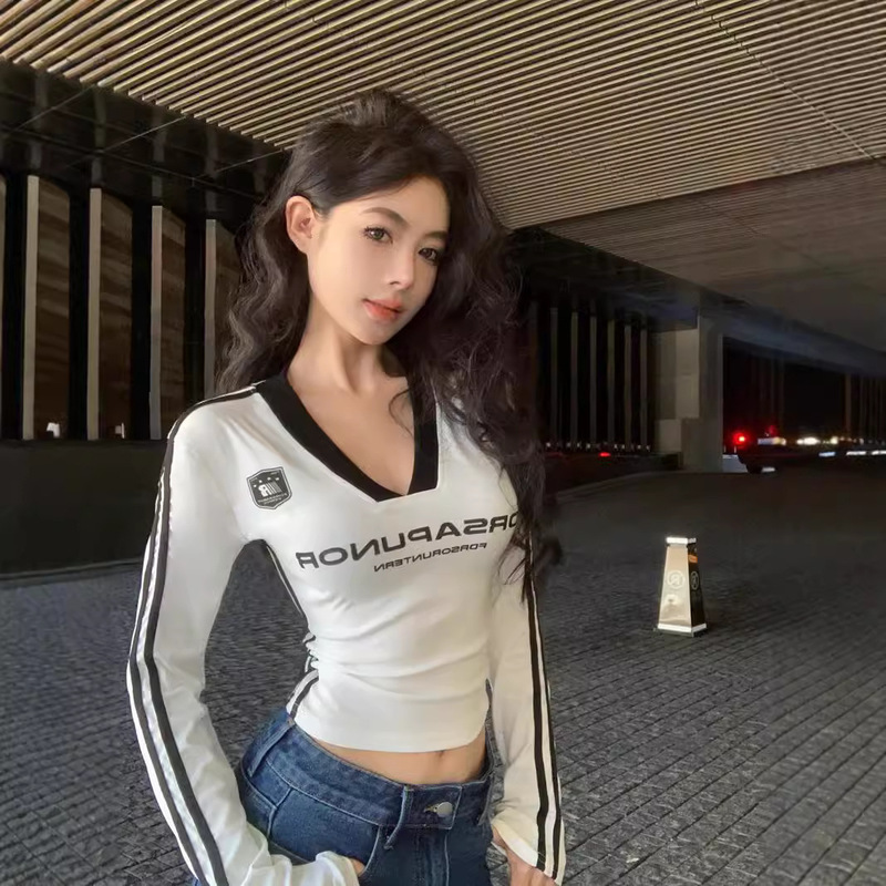American Style Hot Girl Color Contrast V-neck Long-sleeved T-shirt Women's Autumn Letter Printed Slim-fit Slim-fit Sports Short Base Top