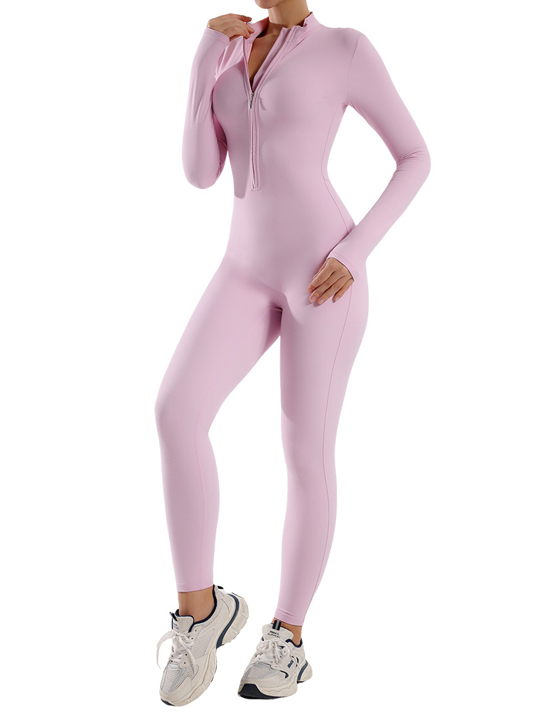 Ropa de yoga de una pieza de manga larga delgada con cremallera desnuda de una pieza con cuello alto