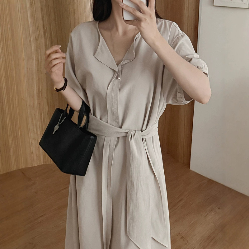 Korean Chic Summer Retro Style Lapel One-Piece Tie-Waist Slimming Mid-Length Short-Sleeved Dress for Women Korean Chic Summer Retro Style Lapel One-Piece Tie-Waist Slimming Mid-Length Short-Sleeved Dress for Women