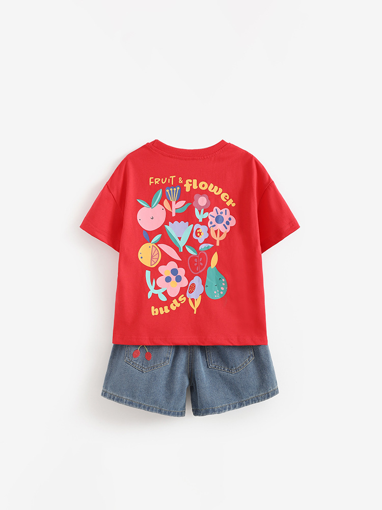 Malwee transfronterizo trajes infantiles niñas verano nueva camiseta de cuello redondo jeans casuales ropa infantil europea y americana