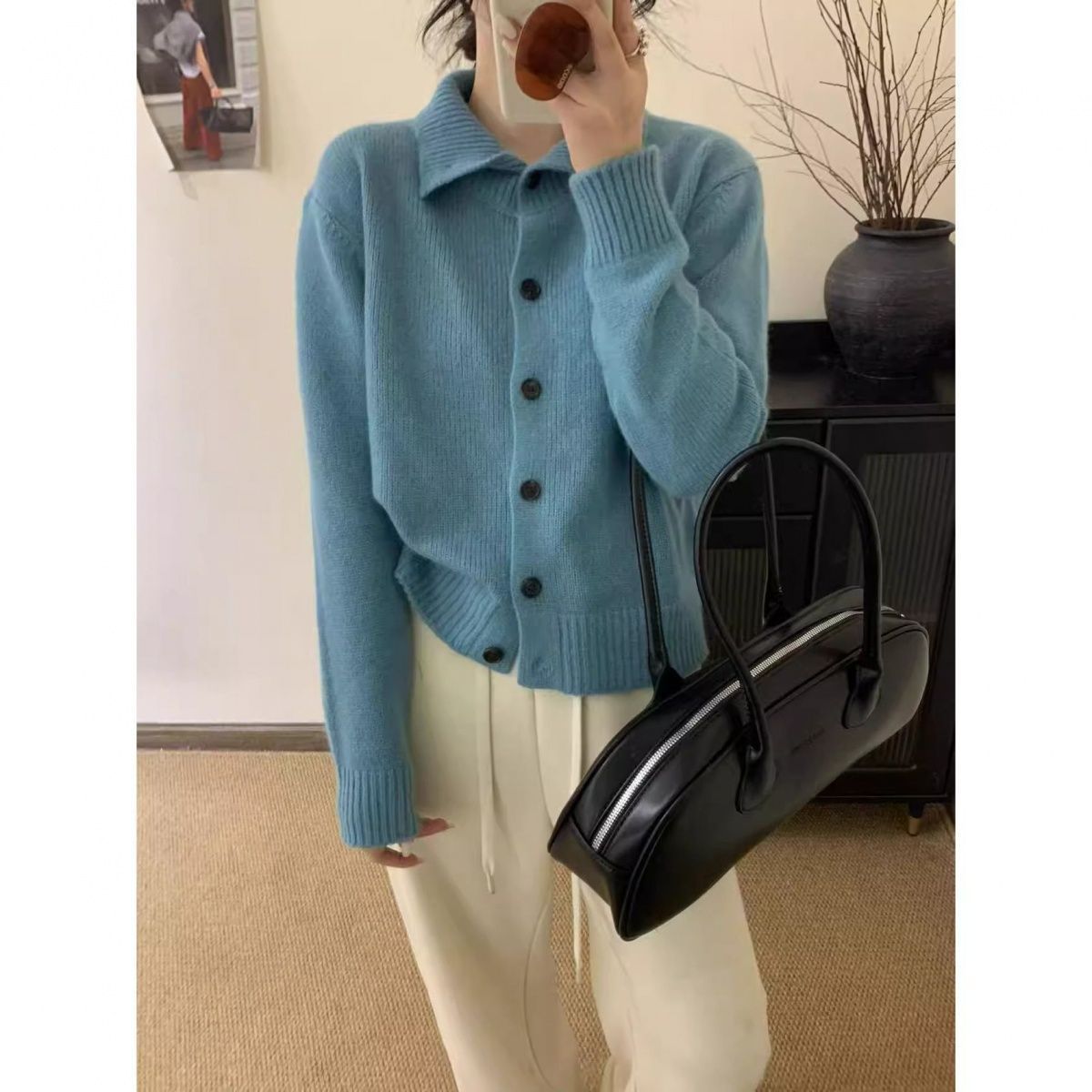 慵懒风韩系复古高领单排扣针织开衫女秋冬季新款打底保暖毛衣外套