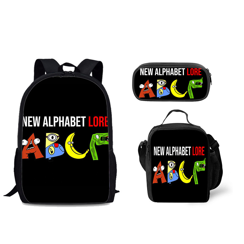 Venta al por mayor Alphabet Lore mochila escolar bolsa de hielo letra leyenda estudiante mochila bolsa de comida bolsa de tres piezas
