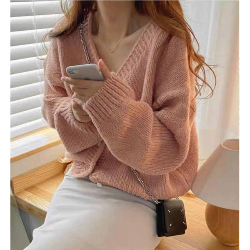 Korean Style Loose V Neck Pure Color Thick Wool Cardigan Lazy Style Soft Waxy Sweater Knitted Top Jacket for Small Women