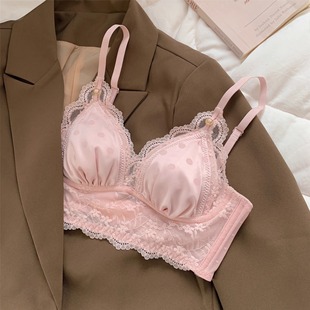 Markham French Style Lace Triangle Cup Underwear Women's Large Chest Small Mesh Breathable Upper Pin Anti-sagging Bra without Rings