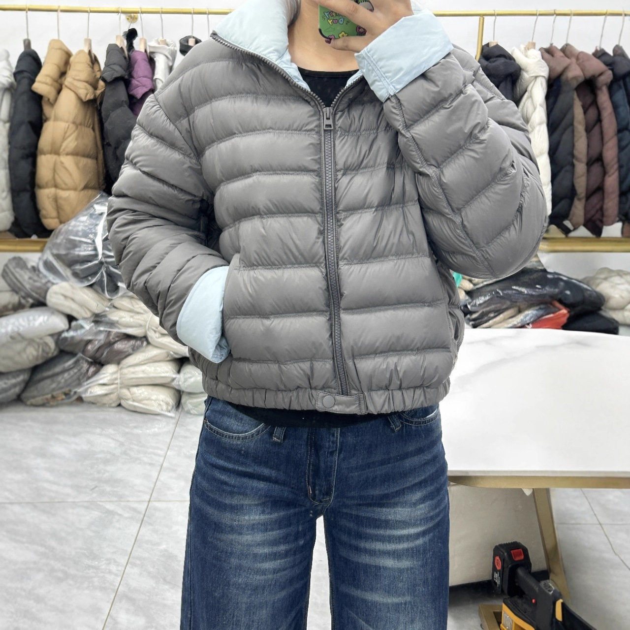 Korean Style 25 Winter New Style Stand Collar Contrasting Color 90 White Duck down Rib down Jacket Fashionable Short Thick Outwear for Women