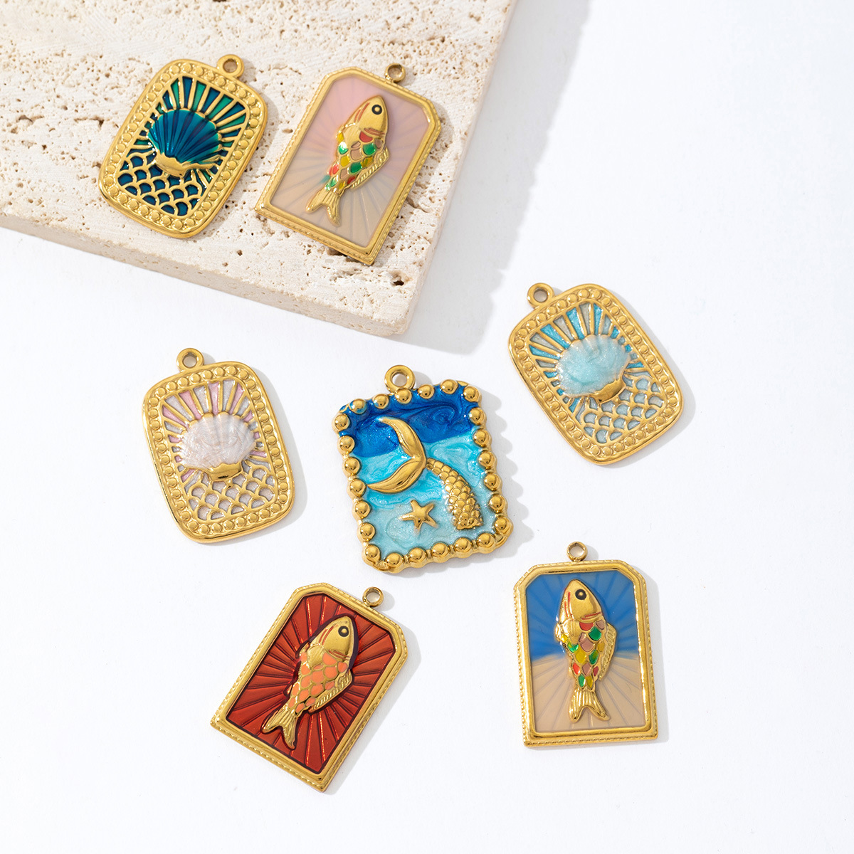 Cross-border ocean-themed oil-drop stainless steel pendants, fish tail, scallop, and tropical fish necklaces, bracelets, and earrings – DIY accessories