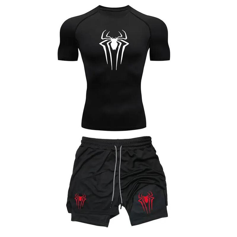 男子のトレーニング圧縮集Y2Kスパイダープリントジムtシャツ通気ランニングパンツ速乾運動皮|undefined